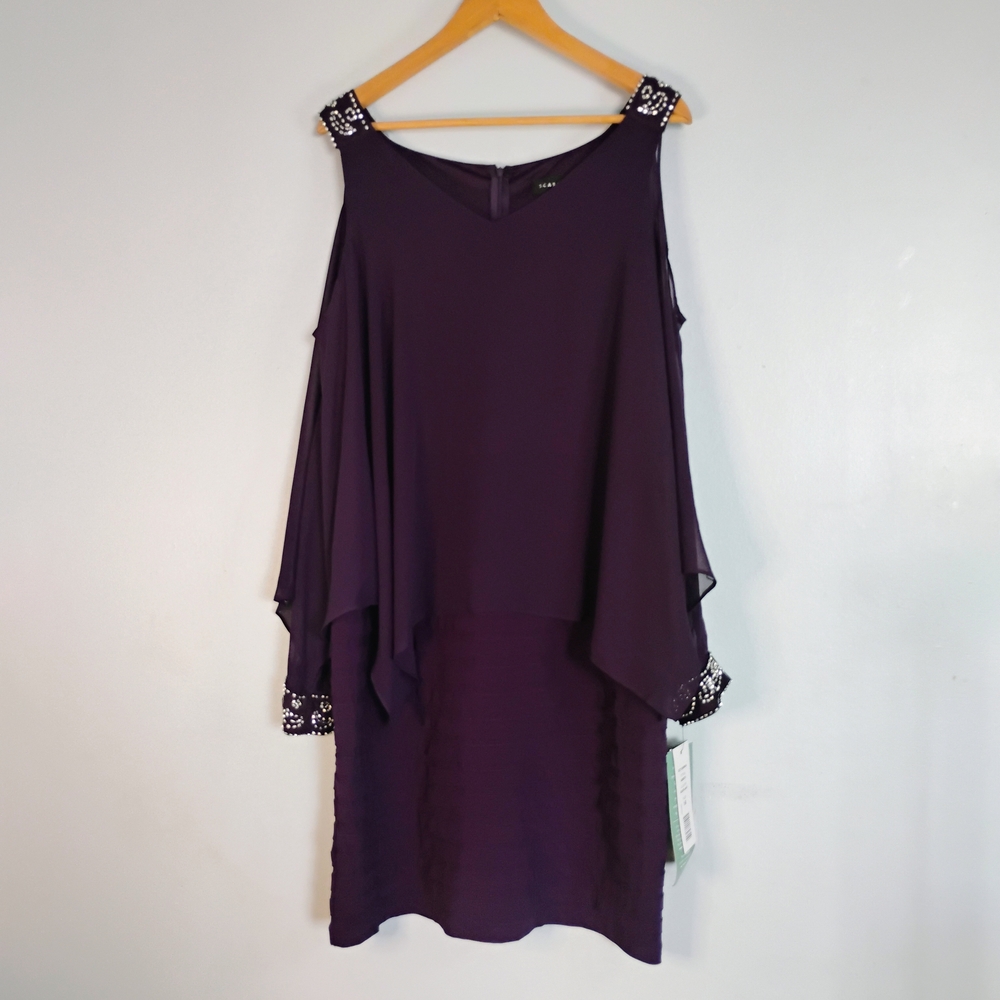 NWT Scarlett Size 16 Asymmetrical Cape Purple Midi Dress w/ Embellished Straps